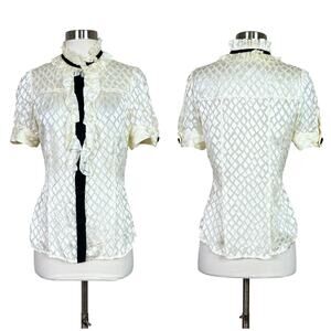 DVF | Kailey Ivory White Silk Ruffle Short Puff Sleeve Black Contrast Button Top